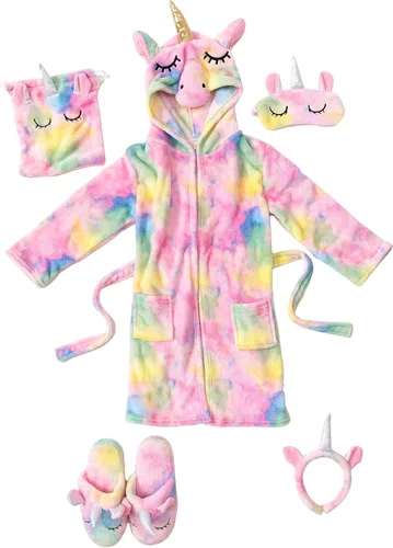 Vista 9 de Albornoz de unicornio con capucha para los ojos, bolsa, pantuflas y diadema