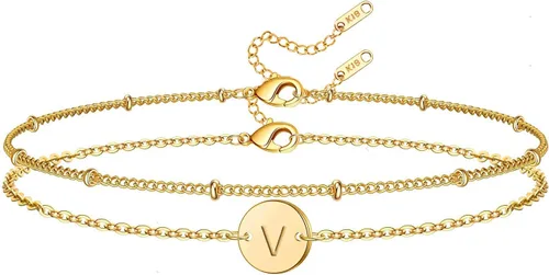 Vista 16 de Glimmerst Pulsera con inicial para mujer, chapada en oro de 18K, de acero inoxidable en capas, con monedas, pulsera con letra, cadena con cuentas