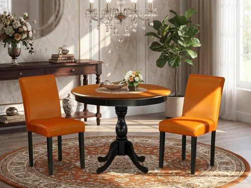 Vista 2 de East West Furniture AMAB3-BCH-61 - Juego moderno de 3 piezas antiguo que contiene una mesa de cocina redonda con pedestal y 2 sillas de comedor