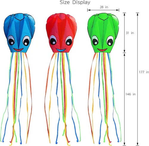 Vista 7 de Paquete de 3 cometas grandes de pulpo sonriente mejoradas, hermosa cometa de cola larga para niños y adultos, fácil de volar a la playa, grandes