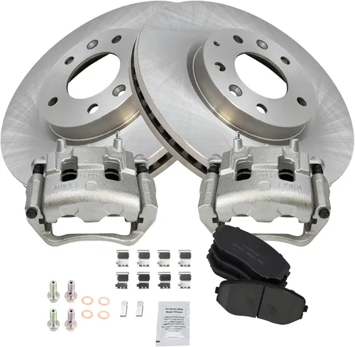 Vista 2 de TRQ Kit de pastillas de freno delantero y rotor, pinza de freno, kit químico, pastillas de freno, rotor de freno de cerámica, compatible con Mazda