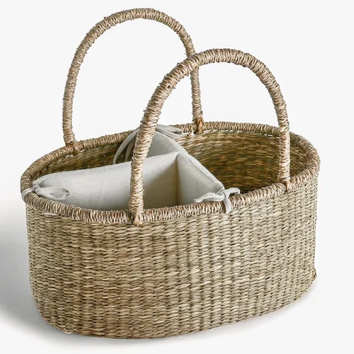 Vista 8 de Organizador de pañales de mimbre para bebé, cesta tejida de hierba marina con asas, cesta de pañales con divisores (rectangular)