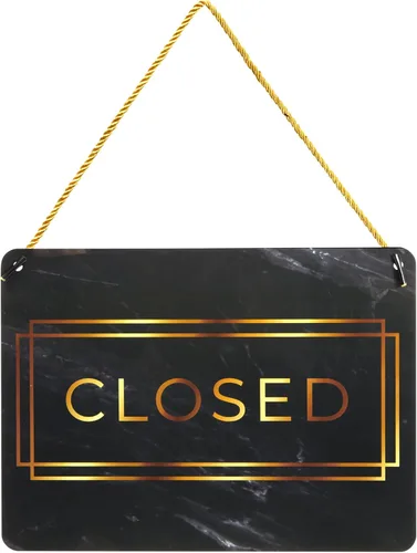 Vista 5 de Stockroom Plus Letrero abierto y cerrado – Acabado de mármol dorado – Letrero colgante reversible – Exhibición de horario comercial – Paquete de 2