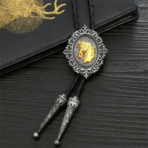 Vista 59 de Jeilwiy Corbata de bolo para hombre, corbata de vaquero occidental, collar de corbata de bolo dorado, corbata de cuero, corbata de Halloween