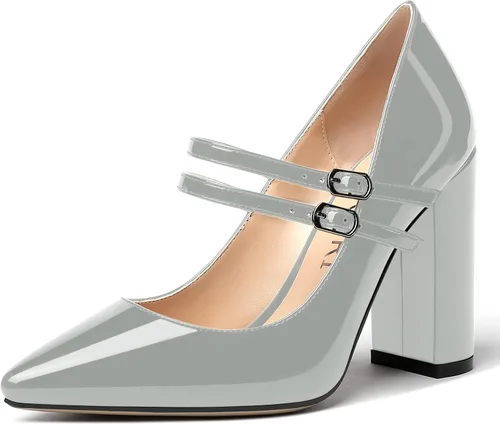 Vista 26 de MERRORI Vestido sólido con correa ajustable para mujer, con hebilla de patente, puntera puntiaguda, tacón alto, zapatos de 4 pulgadas Beige