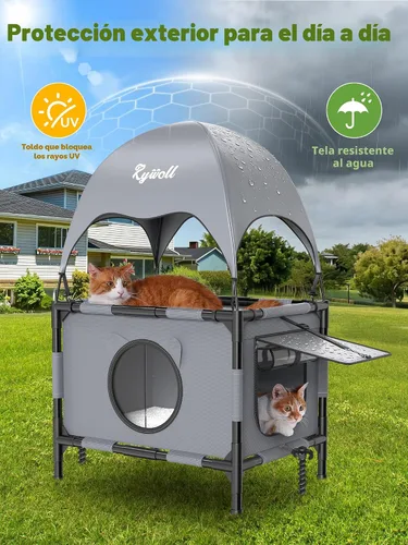 Vista 2 de Rywell Casa elevada para gatos al aire libre de 2 niveles con toldo, plataforma elevada de varios niveles, casa exterior para gatos con malla
