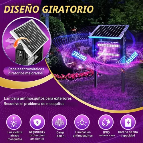 Vista 3 de 2 piezas de exterminador solar de insectos para exteriores con panel giratorio, 3000 V eléctrico matamoscas impermeable, 200 W de doble tubo