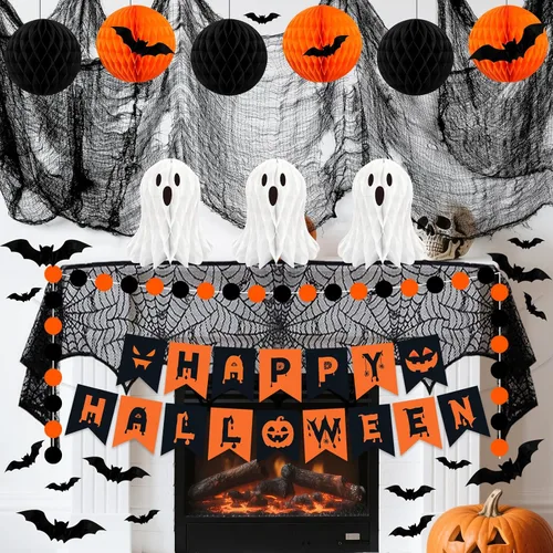 Vista 4 de Decoraciones de fiesta de Halloween, 29 piezas de decoración de interiores de Halloween con mantel de tela, tela espeluznante, colgante de fantasma