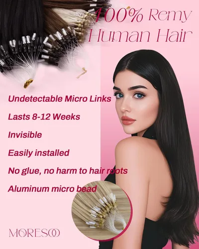 Vista 2 de Moresoo Micro Link - Extensiones de cabello humano de color rubio oscuro y rubio ceniza, extensiones de cabello humano real para boda, 2.01 oz