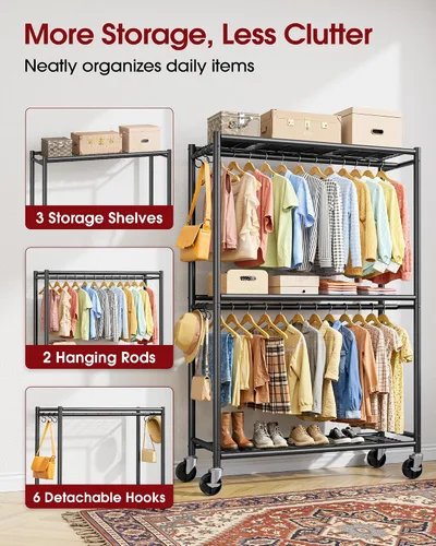 Vista 3 de Sakugi Perchero para ropa – Perchero doble para colgar ropa con ruedas y pies niveladores, armario de gran capacidad con estantes para dormitorio