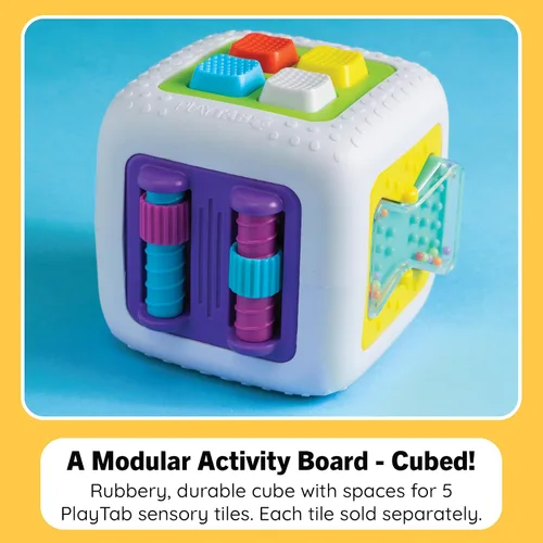 Vista 2 de Fat Brain Toys PlayTab Cube, cubo de actividad modular con azulejos sensoriales intercambiables, juguete para bebés y niños pequeños a partir de 12