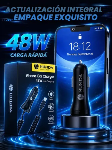 Vista 6 de HUNDA Cargador rápido para auto de 48 W, doble puerto de carga súper rápida con PD3.0 y QC4.0, accesorios de automóvil con cable Lightning