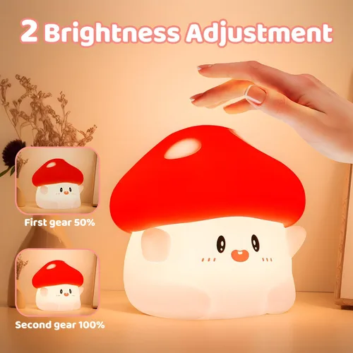 Vista 2 de Luz nocturna de hongos, lámpara de silicona blanda para niños, control de grifo, 2 niveles de brillo, batería de 50 horas, temporizador automático