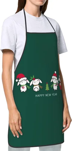 Vista 4 de ZGVDVZ Delantal de feliz año nuevo del conejo para mujeres y hombres, delantales de cocina de Navidad resistentes al agua con correas ajustables