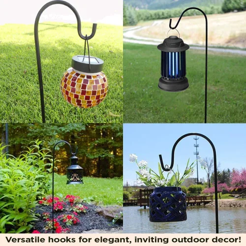 Vista 10 de Ganchos de pastor para exteriores, juego de 4 postes de jardín ajustables para comederos de pájaros, linternas solares, campanillas de viento Negro