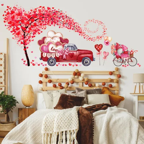 Vista 2 de Calcomanías de pared para el día de San Valentín, 2 hojas de calcomanías de pared de árbol de corazón, gnomo rojo, calcomanías de pared extraíbles