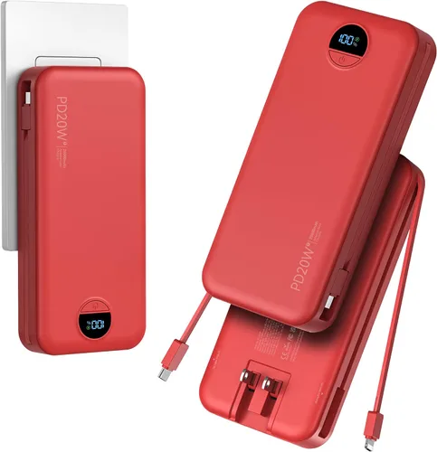 Vista 17 de Banco de poder aonidi de 12000mAh ultraportátil con cables y enchufe de pared AC incorporados, paquete de batería para teléfono celular con carga