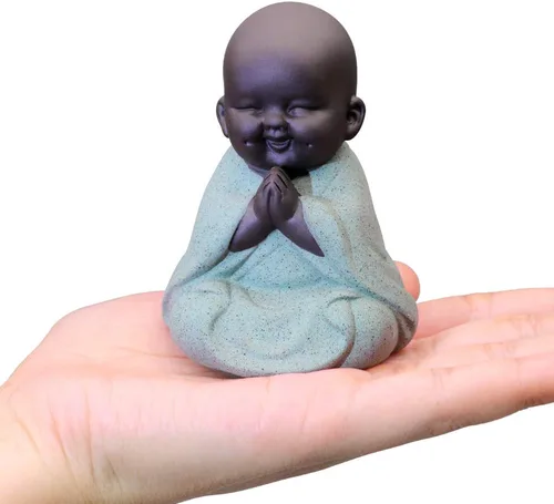 Vista 4 de Kingzhuo Juego de 2 figuras de cerámica pequeña y linda estatua de Buda monje creativas manualidades de bebé, adornos de muñecas, regalo, clásico