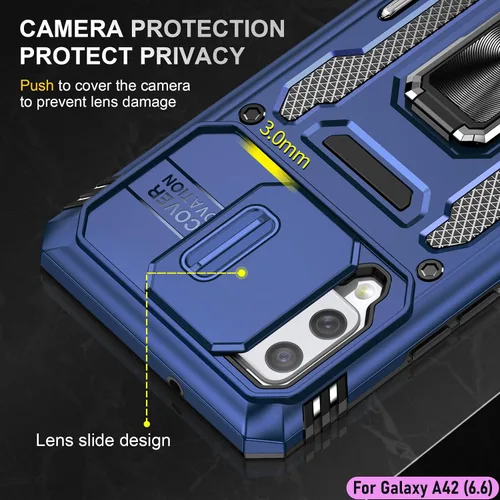Vista 4 de Funda resistente para Samsung Galaxy A42 (5G), protector híbrido de goma de doble capa de grado militar con protector de cámara deslizante, soporte