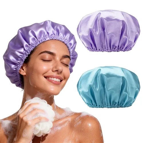 Vista 11 de Smilco Paquete de 2 gorros de ducha para mujer, reutilizables, impermeables, de doble capa, cubierta elástica grande de EVA para el cabello, se