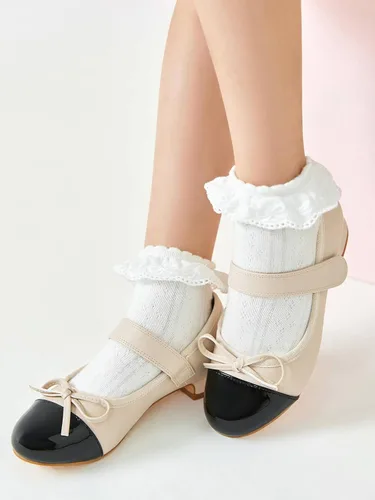 Vista 3 de Coutgo Zapatos de vestir para niñas, zapatos de princesa Mary Jane de tacón bajo con lazo de dos tonos para bodas, fiestas, zapatos de princesa
