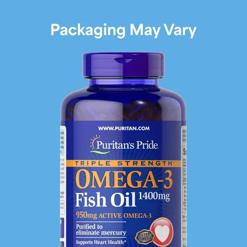 Vista 2 de Puritan's Pride Aceite de pescado omega-3 de triple fuerza 1400 mg, Omega-3 activo 950 mg, suplemento dietético para apoyo de la salud cardíaca