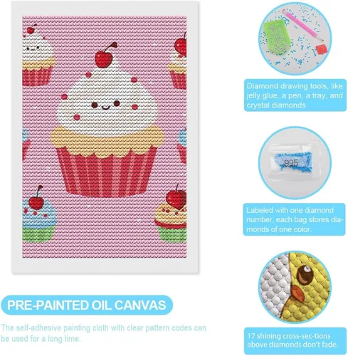 Vista 3 de Kits de pintura de diamantes para adultos, lindos cupcakes de taladro completo, pinturas de puntos de diamante, kits de arte de diamantes 5D
