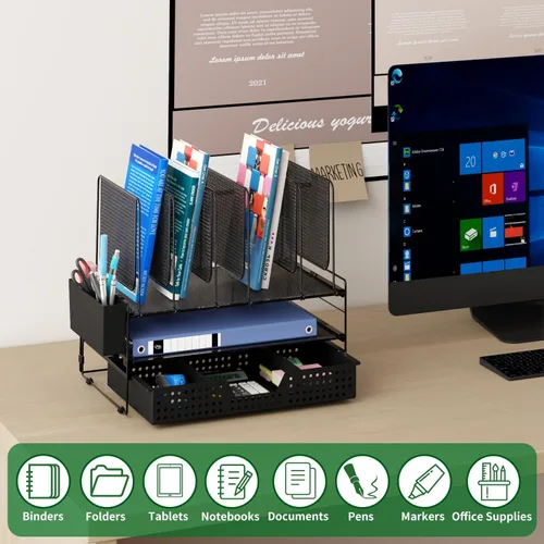 Vista 2 de LEKETREE Organizador de escritorio, organización de oficina con soporte de archivos vertical, organizador de archivos con cajón y soporte