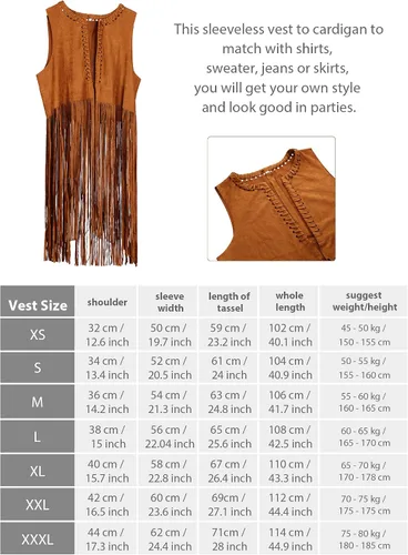 Vista 2 de Conjunto hippie de 4 piezas para mujer chaleco de pelo sintético con flequillos de ante