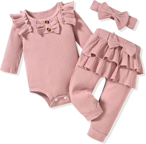 Vista 11 de Aalizzwell Conjunto de mameluco acanalado para bebés y niñas prematuros, para otoño e invierno Beige
