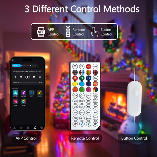 Vista 7 de JMEXSUSS Guirnalda de 100 luces LED que cambian de color, 33 pies, luces rojas, blancas y azules con control remoto y aplicación, cadena de luces