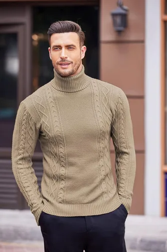 Vista 2 de COOFANDY Suéter de cuello alto ajustado para hombre, suéter de punto trenzado casual