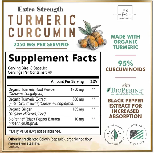 Vista 2 de Suplemento de curcumina de cúrcuma con 95% de curcuminoides, cúrcuma orgánica y jengibre de 1750 mg, pimienta negra BioPerine para una mejor