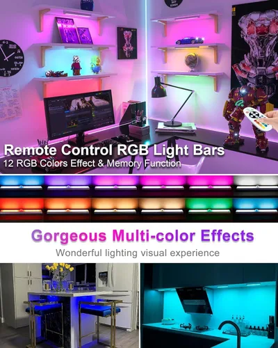 Vista 2 de Luces inalámbricas para debajo del gabinete, 58 luces LED recargables con sensor de movimiento con control remoto, luces RGB que cambian