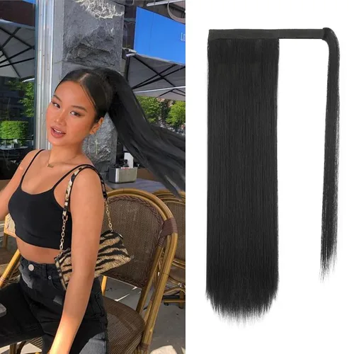 Vista 23 de BARSDAR Extensión de Cola de Caballo Corta y Recta - Extensiones de Cabello de Cola de Caballo con Cordón de 14 Pulgadas en Negro para Mujeres
