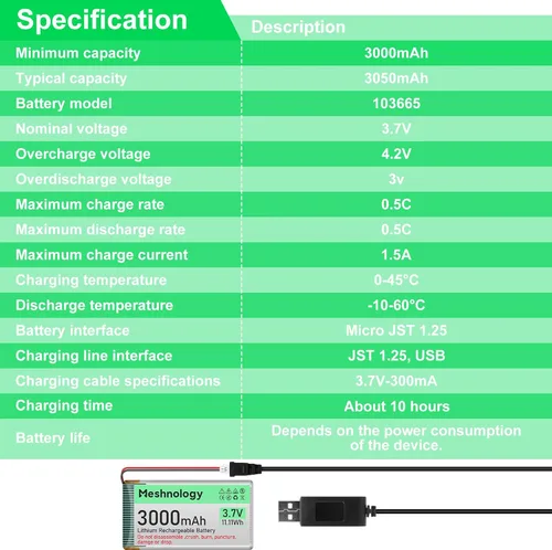 Vista 7 de Batería Li de 3.7 V 3000 mAh con cable de cargador USB 103665 1S Batería LiPo con placa de protección, cinta de goma aislada y enchufe micro JST