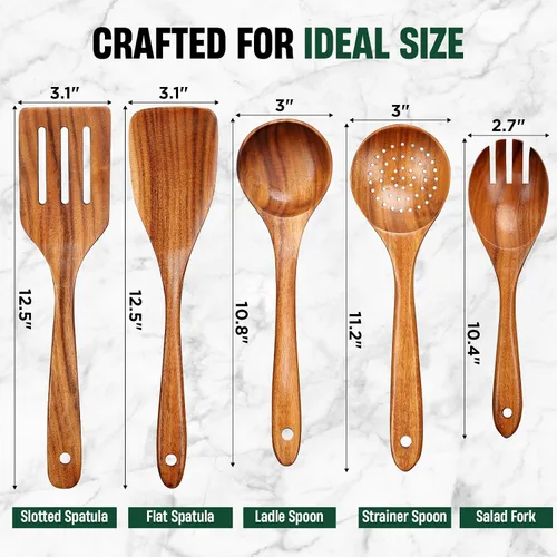 Vista 4 de Bkiok Cucharas de madera para cocinar, juego de utensilios de cocina de madera de teca natural para sartenes antiadherentes, espátula de madera