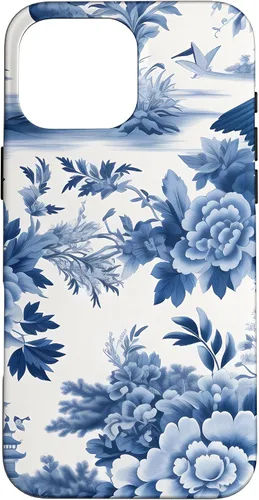 Vista 19 de iPhone 16 White and blue Chinoiserie Botanical Floral Bird Classic Case