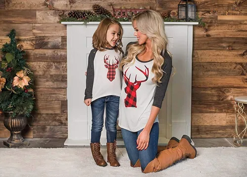Vista 3 de Trajes de Navidad mamá y mí moda ciervos impresión de manga larga camiseta blusa tops a juego trajes familiares