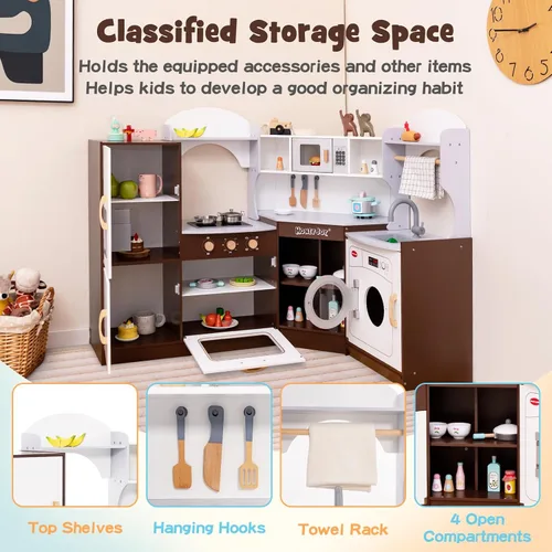 Vista 2 de HONEY JOY Juego de Cocina de Esquina para Niños, Cocina de Juego de Madera Definitiva para Niños Pequeños, Lavadora, Máquina de Hielo, Fregadero