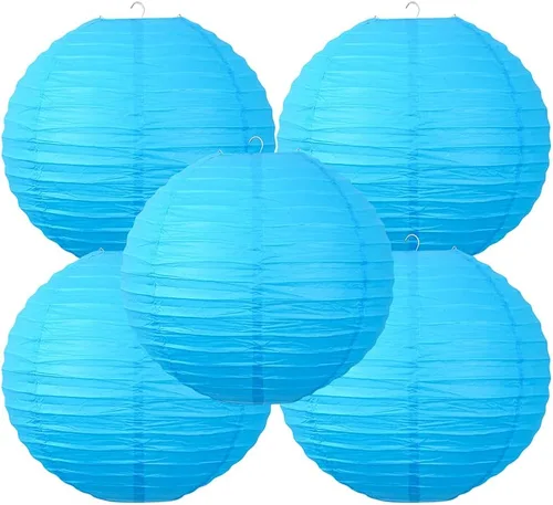 Vista 10 de Linternas de papel de estilo chino, juego de 5, adecuadas para decoración de fiestas (azul claro, 12 pulgadas)
