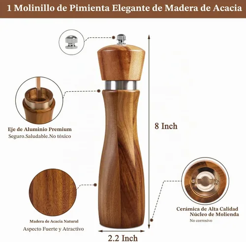 Vista 2 de XWXO 1 paquete de molinillo de pimienta de madera, molinillo de sal de 8 pulgadas, salero con rotor de cerámica ajustable, molinillo de pimienta