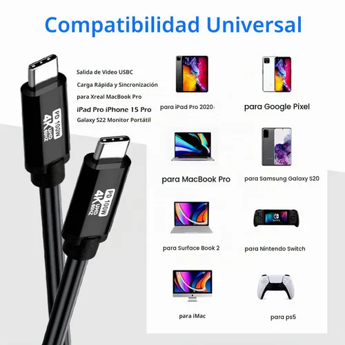 Vista 4 de Cable USB C a C de 15 pies, 100 W 4K60HZ tipo C GEN2x2 (datos USB 3.1), salida de video USB C de USB3.2/USB4.0 carga rápida y sincronización