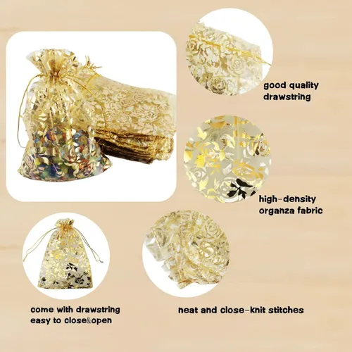 Vista 6 de QIANHAILIZZ 5 x 7 pulgadas 100 piezas corazón flor organza joyería bolsa de regalo bolsa de caramelo bolsa cordón boda favor bolsas P835