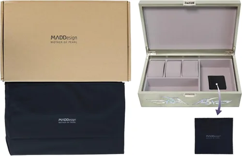 Vista 8 de MADDesign Mother of Pearl Caja de reloj, organizador de joyas, almacenamiento diario, diseño tribal de dragón (plata metálica)