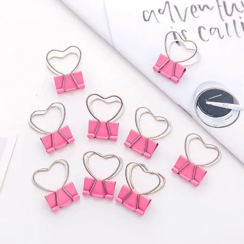 Vista 2 de Clips de metal ahuecados con forma de corazón rosa, notas, cartas, abrazaderas de papel, suministros de oficina, hogar, escuela