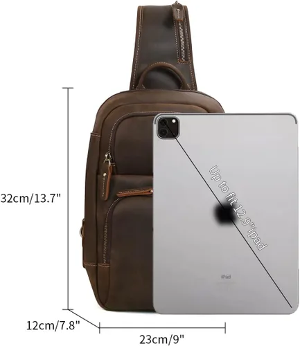 Vista 3 de Hespary Mochila vintage de cuero de grano completo para hombre, bolsa de viaje para hombresenderismo, Marrón, Bolso bandolera para iPad de 12.9