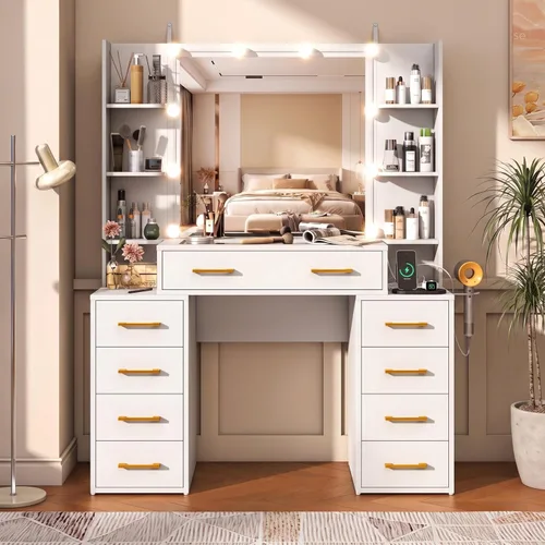 Vista 9 de Escritorio de tocador con espejo y luces, tocador de maquillaje grande de 43.5 pulgadas con parte superior de vidrio y 9 cajones, mesa de maquillaje