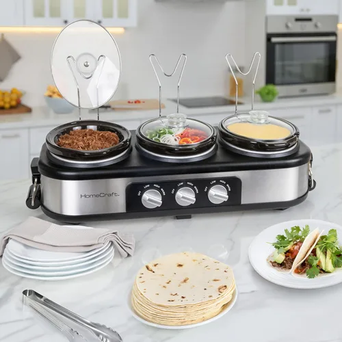 Vista 6 de HomeCraft HCTSC15SS Olla de cocción lenta de acero inoxidable de 3 estaciones de 1.5 cuartos ovalada para buffet, con tapa y reposa cucharas