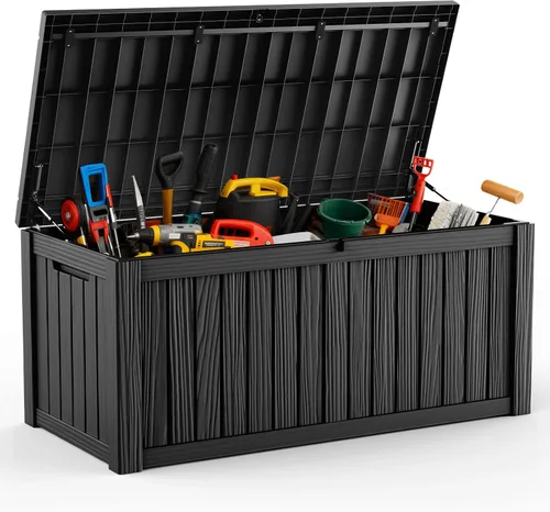 Vista 14 de DRATO Caja de almacenamiento para cubierta de 31 galones, caja de almacenamiento para exteriores para cojines de patio, herramientas de jardín, caja